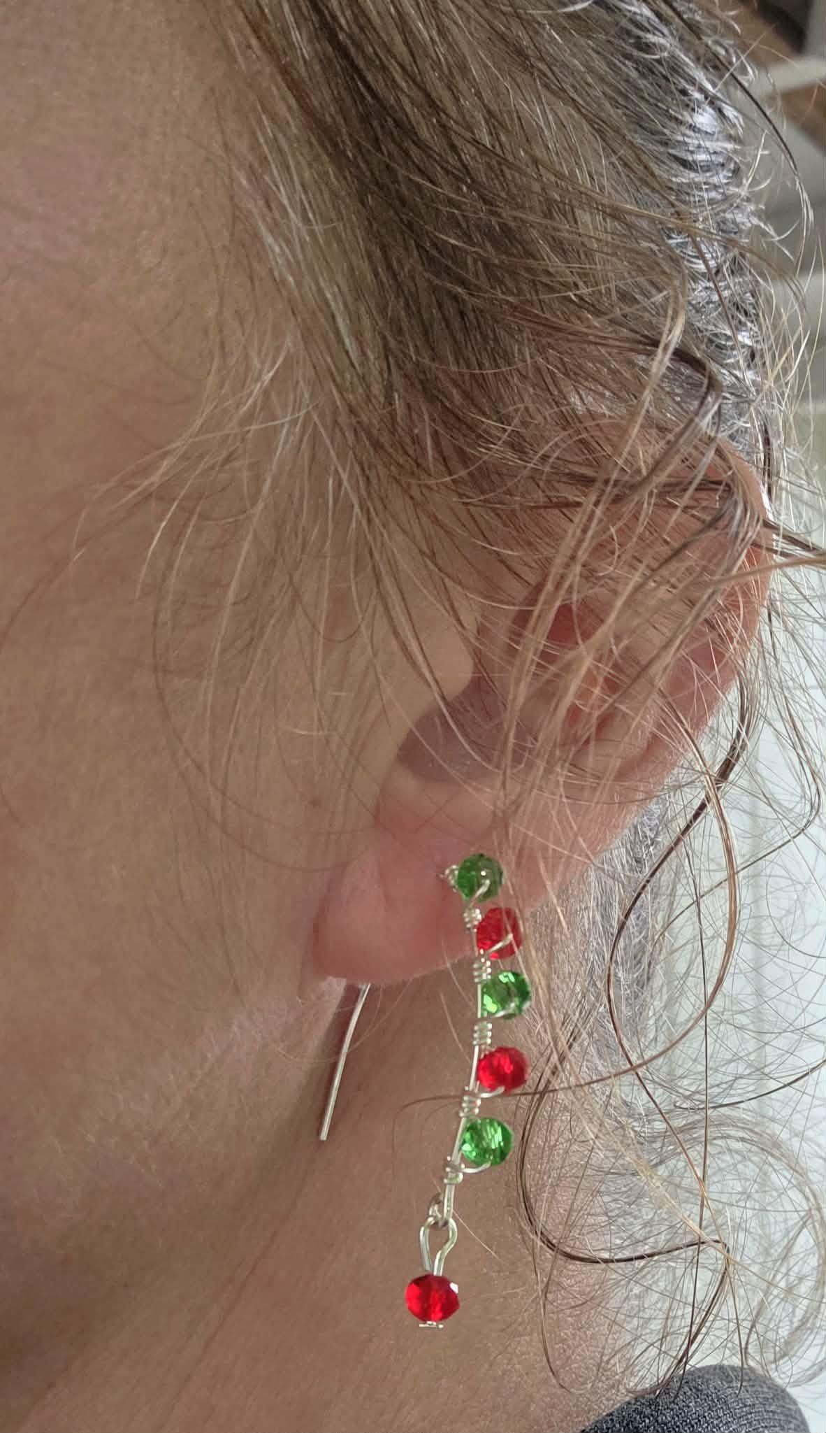 Red and Green Glass Beaded Christmas Earrings | Silver Wire Dangle