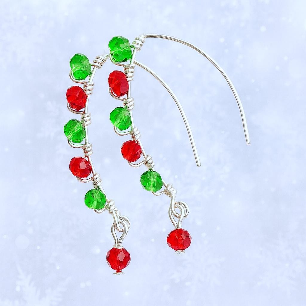 Red and Green Glass Beaded Christmas Earrings | Silver Wire Dangle