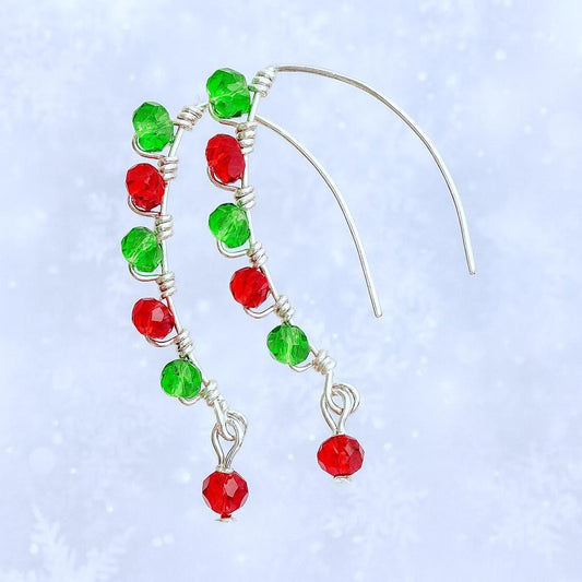 Red and Green Glass Beaded Christmas Earrings | Silver Wire Dangle