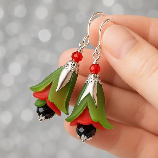 Christmas Flower Earrings | Red & Green Holiday Dangle Earrings | Handmade Festive Jewelry for Her | Lightweight Christmas Earrings