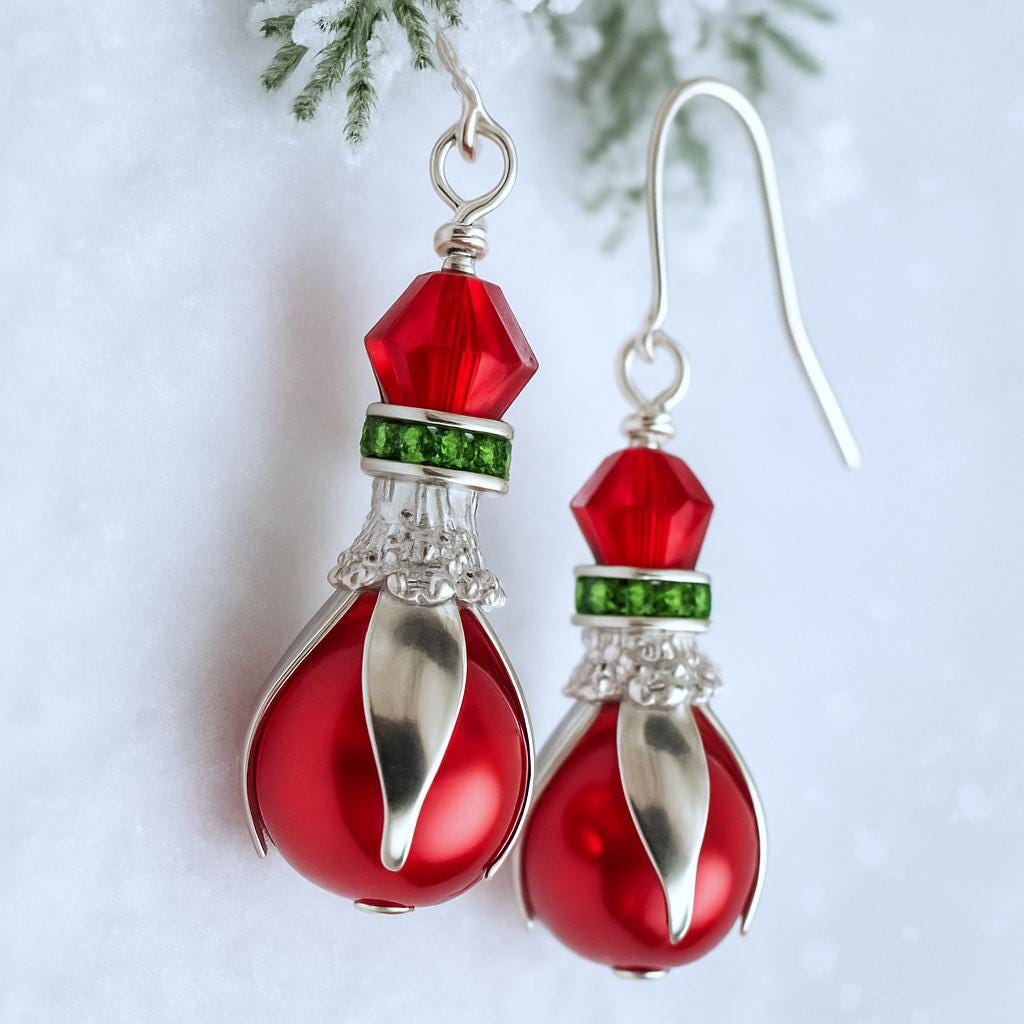 Red Pearl Christmas Earrings | Green Accent Holiday Jewelry