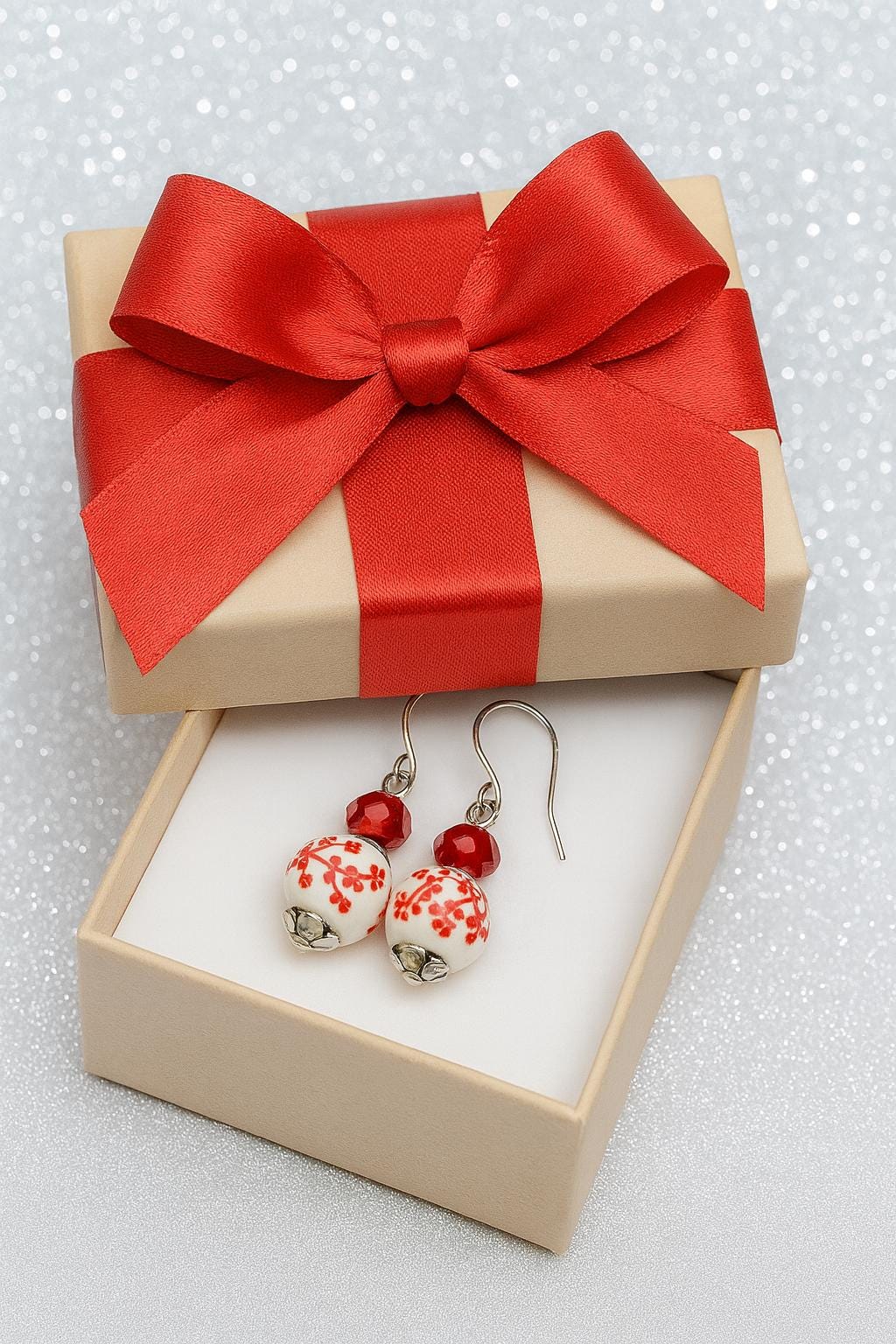 Red Floral Christmas Earrings | Handmade Ceramic Dangle Jewelry
