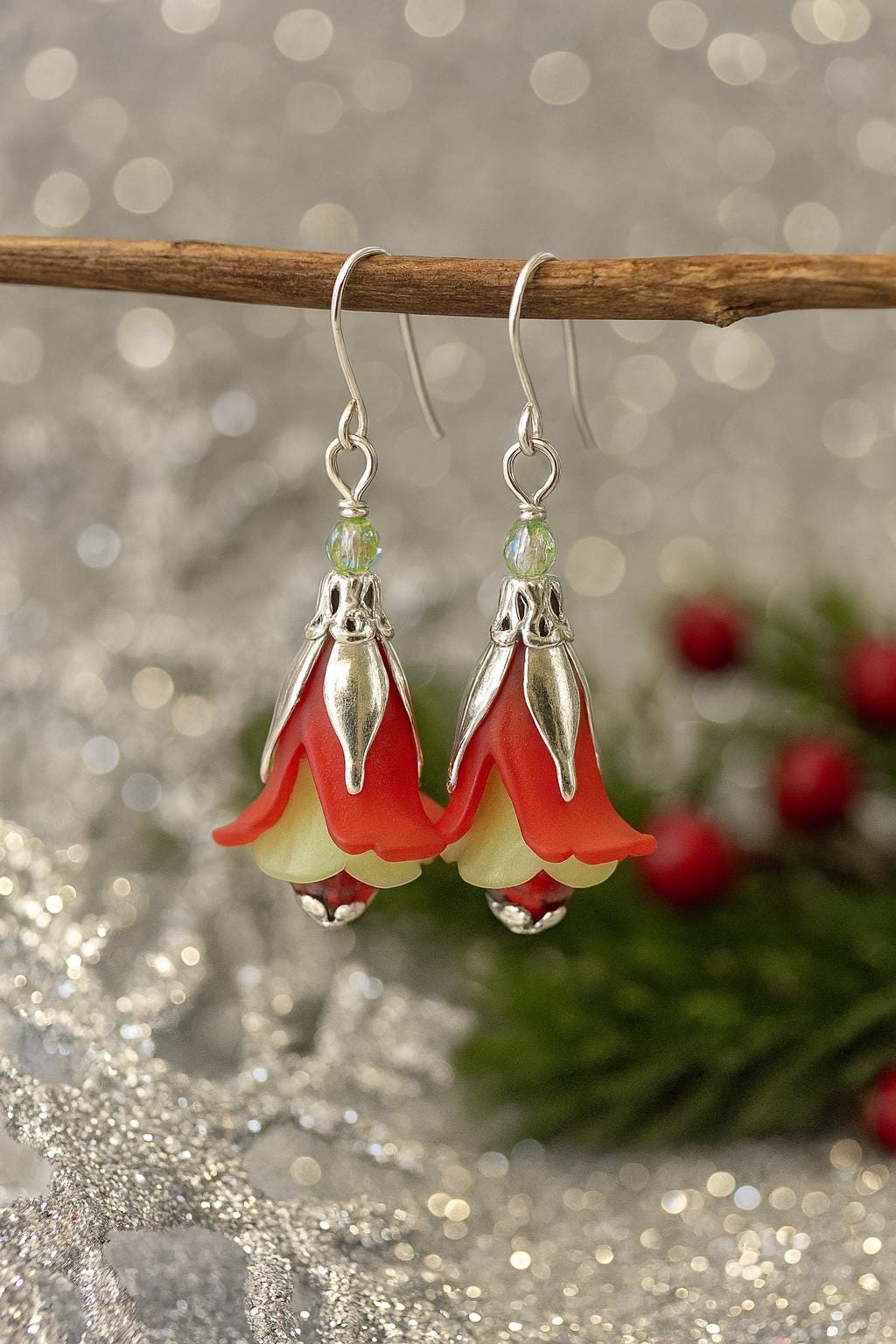 Red and Green Christmas Flower Earrings | Holiday Jewelry Gift for Her | Festive Dangle Earrings | Handmade Christmas Earrings