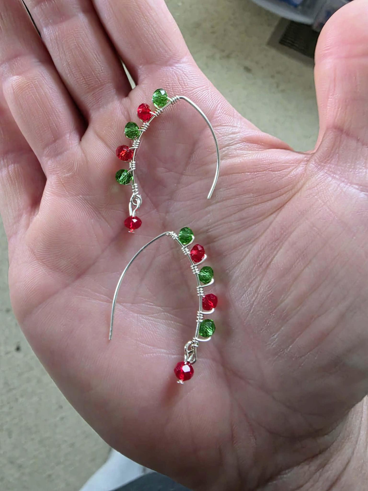 Red and Green Glass Beaded Christmas Earrings | Silver Wire Dangle
