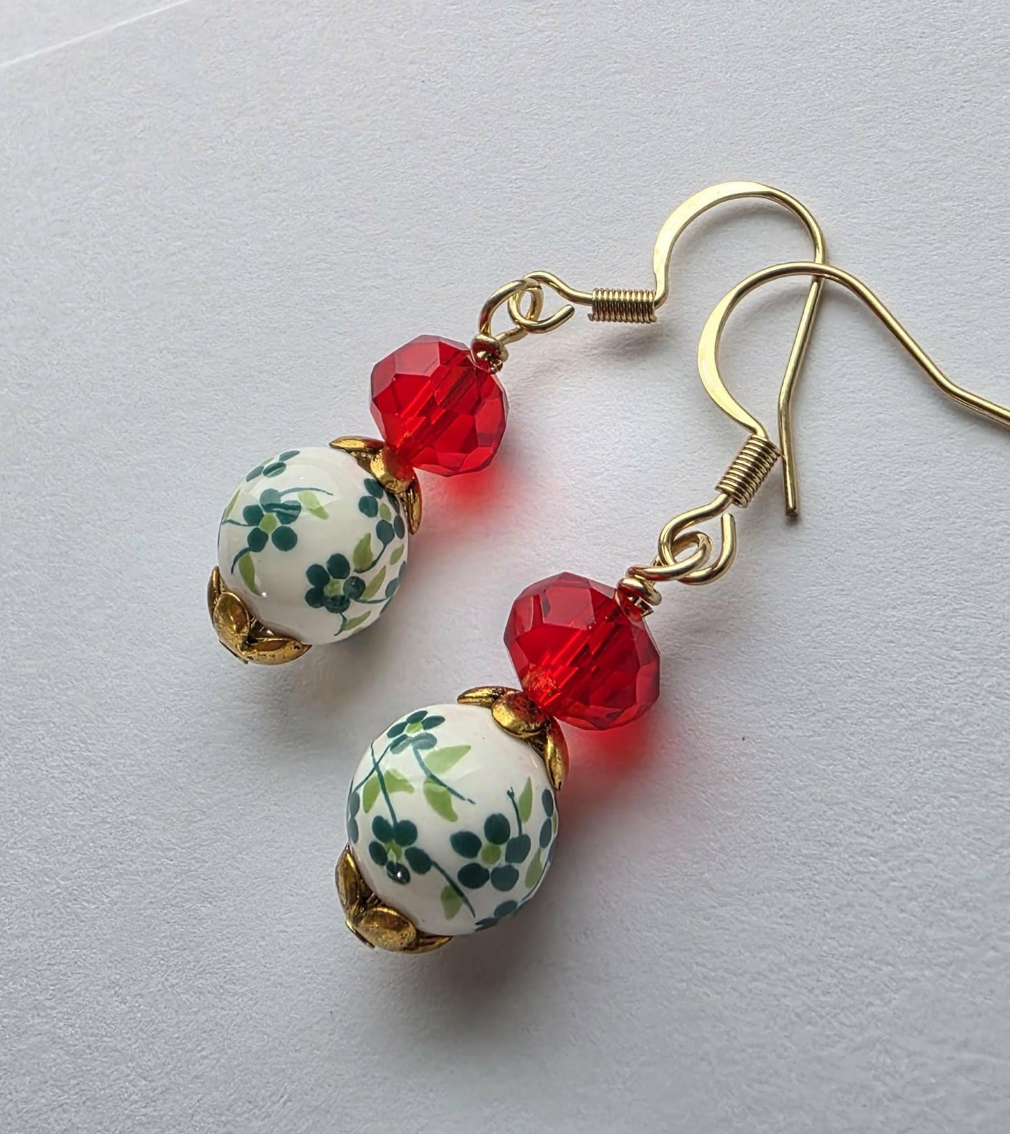Red Crystal Floral Christmas Earrings In Gold | Holiday Dangle Jewelry
