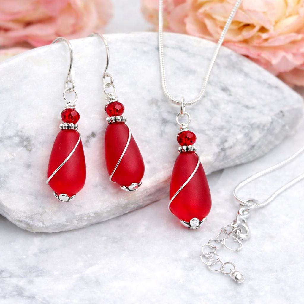 Red Sea Glass Jewelry Set | Last Minute Gift for Her | Self Care Jewelry for Women | Unique Gift for Yourself