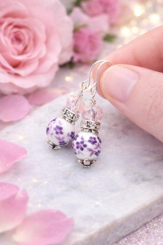 Valentine’s Gift for Her, Pink & Purple Floral Earrings, Romantic Gift for Wife or Girlfriend, Handmade Dainty Jewelry