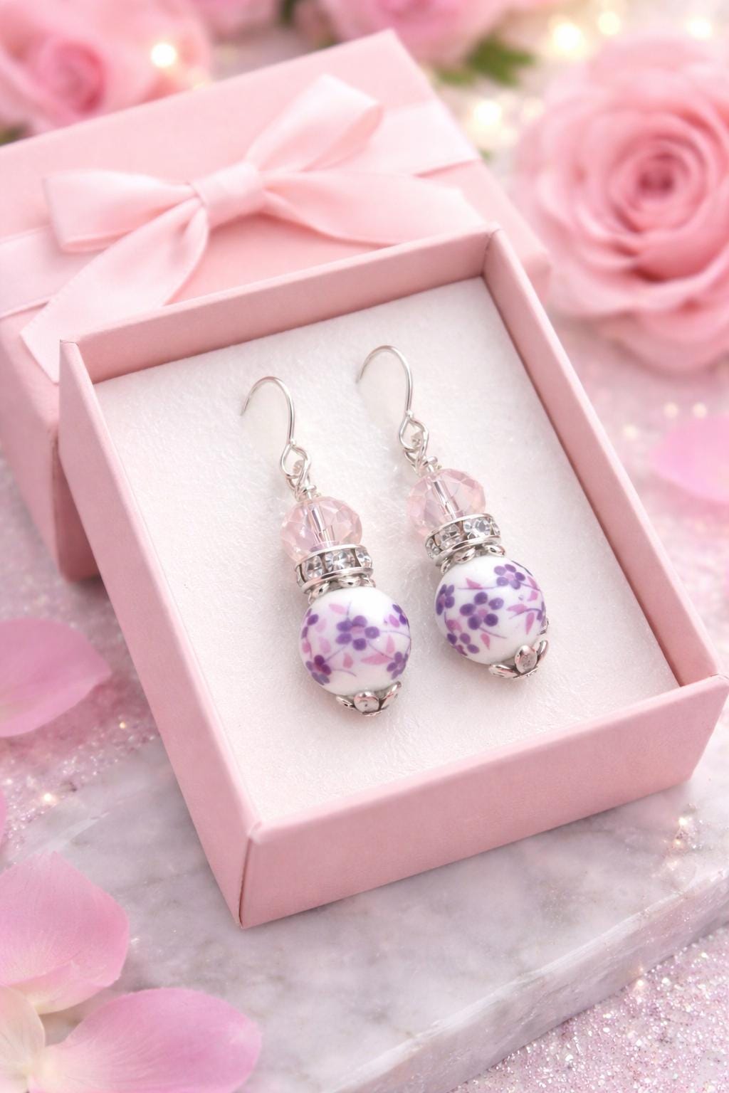 Valentine’s Gift for Her, Pink & Purple Floral Earrings, Romantic Gift for Wife or Girlfriend, Handmade Dainty Jewelry