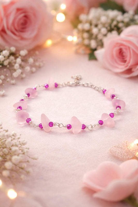 Handmade Pink Sea Glass Bracelet | Silver & Crystal Beaded Jewelry