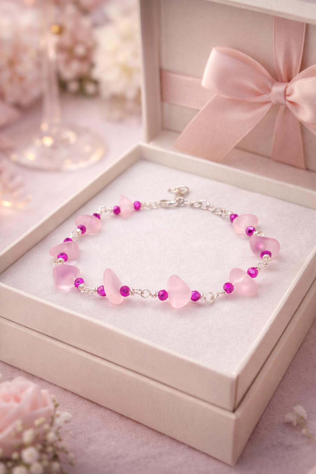 Handmade Pink Sea Glass Bracelet | Silver & Crystal Beaded Jewelry