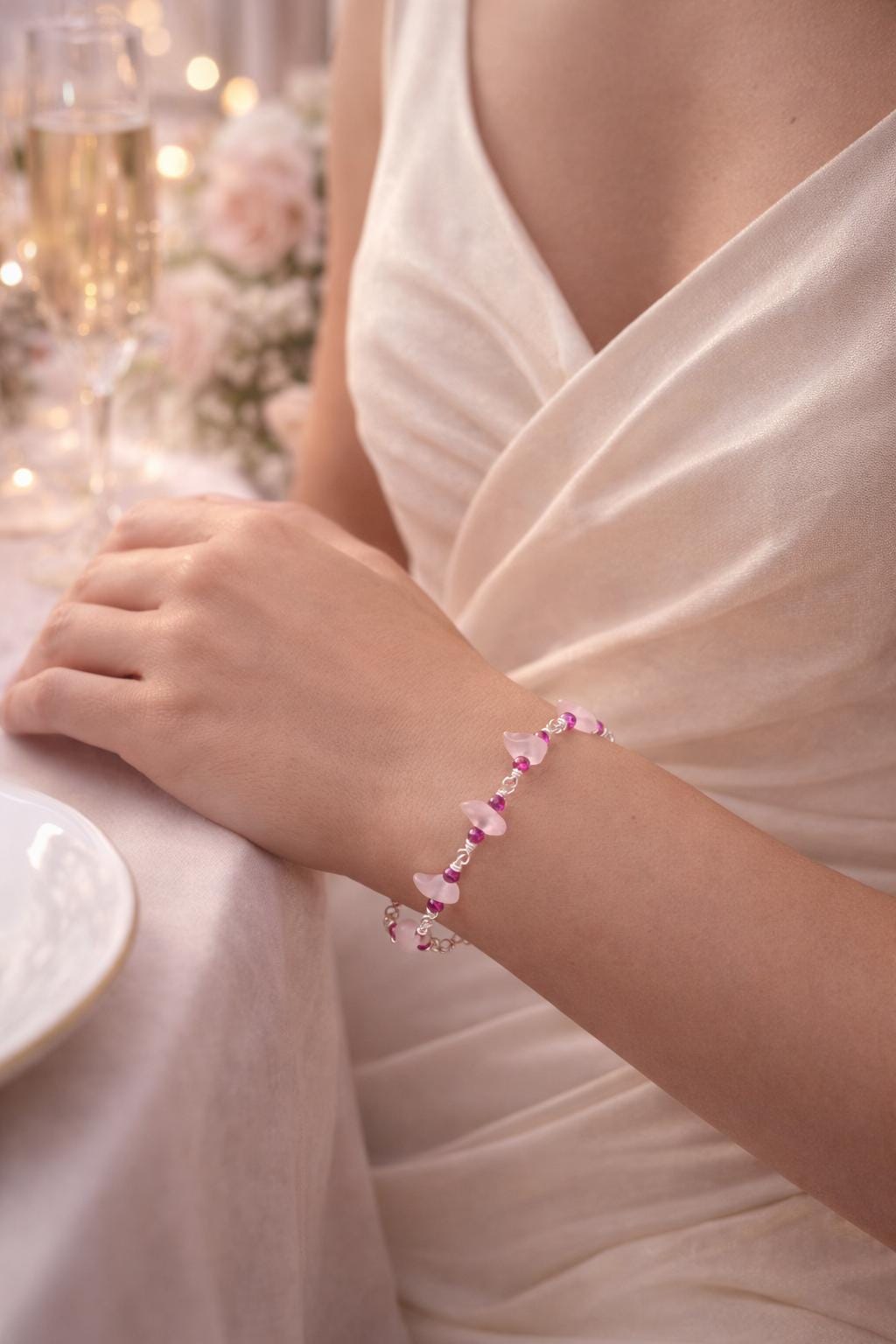 Handmade Pink Sea Glass Bracelet | Silver & Crystal Beaded Jewelry