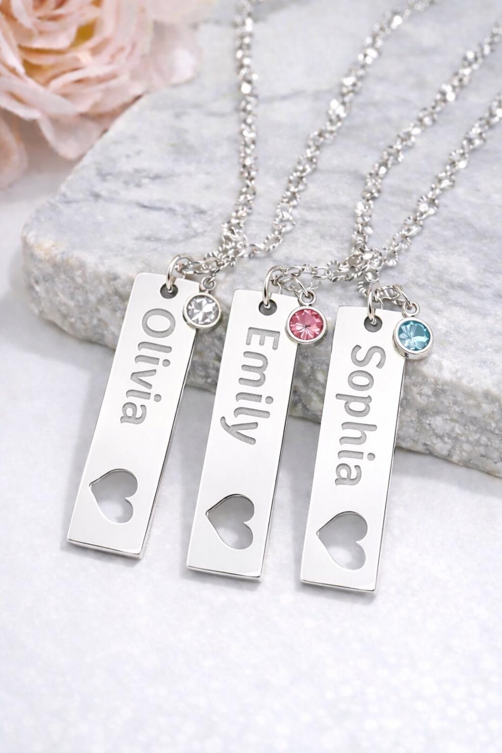 Personalized Name Bar Necklace | Stainless Steel, Birthstone Charm