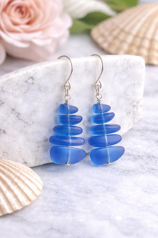 Cobalt Blue Sea Glass Dangle Earrings | Stainless Steel, Coastal Jewelry