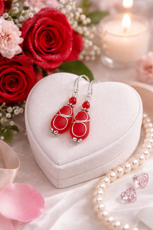 Handmade Red Sea Glass Earrings | Sterling Silver, Valentine's Gift