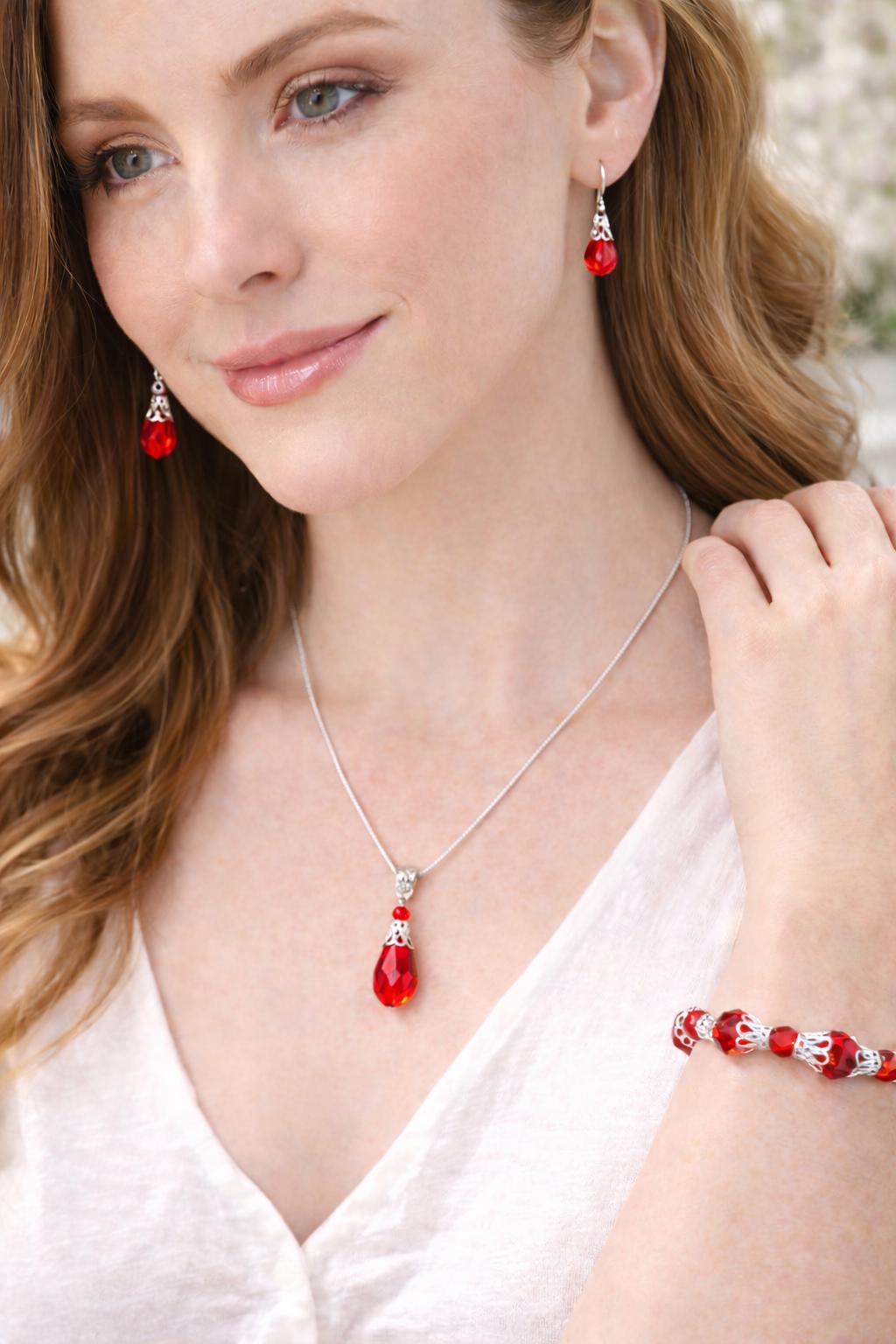 Red Crystal Jewelry Set Gift for Her | Matching Necklace Earrings Bracelet | Elegant 3 Piece Set | Valentine’s Gift - Bad Apple Designs