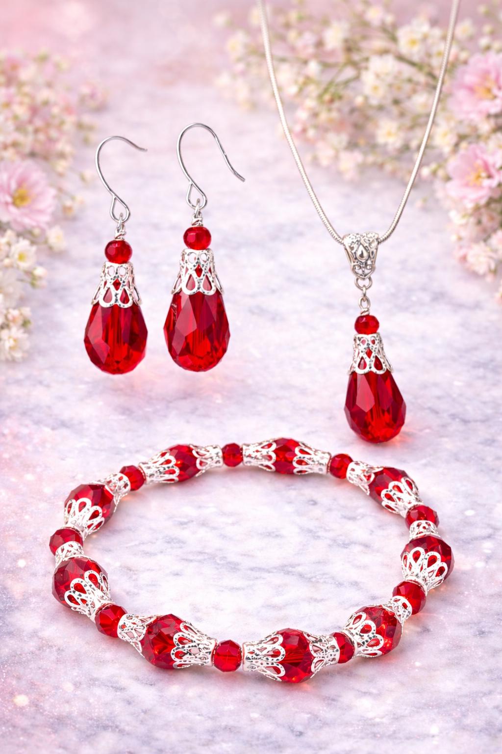 Red Crystal Jewelry Set Gift for Her | Matching Necklace Earrings Bracelet | Elegant 3 Piece Set | Valentine’s Gift - Bad Apple Designs