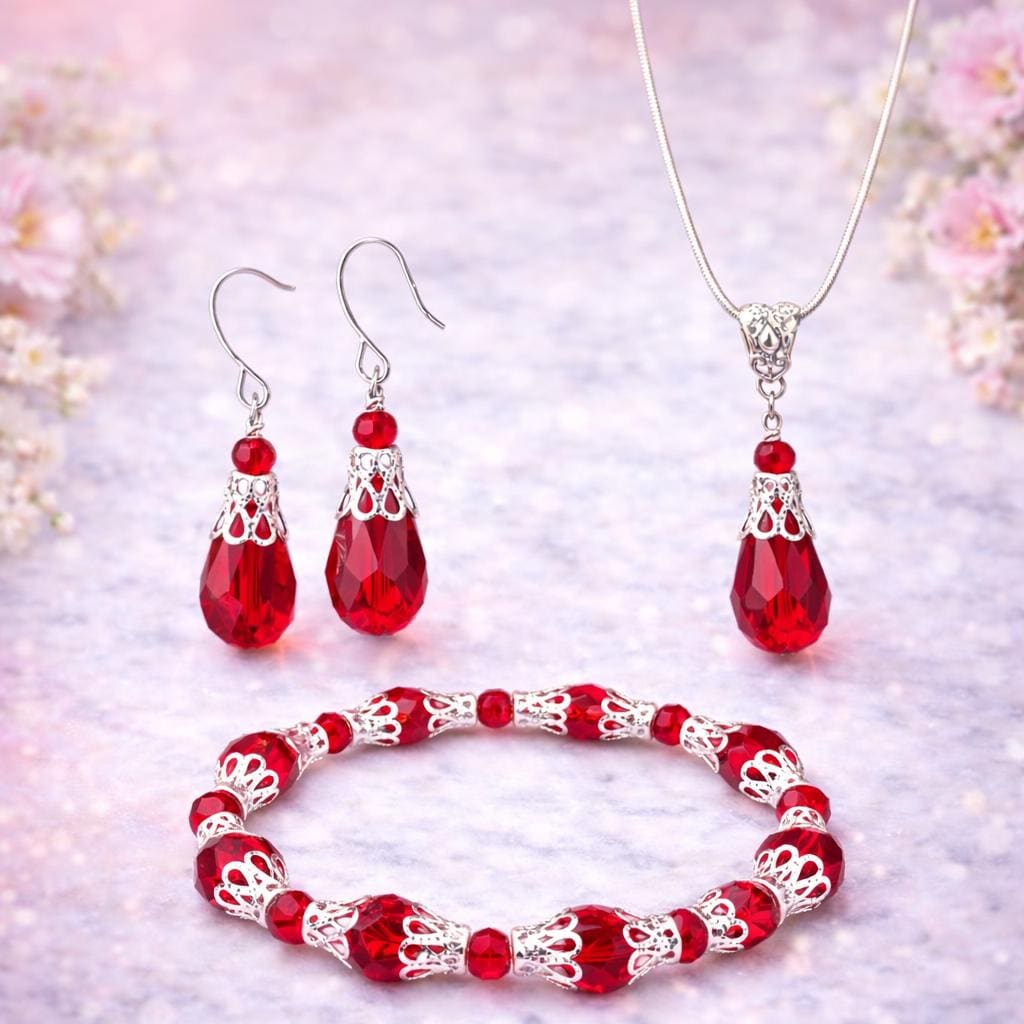 Red Crystal Jewelry Set Gift for Her | Matching Necklace Earrings Bracelet | Elegant 3 Piece Set | Valentine’s Gift - Bad Apple Designs