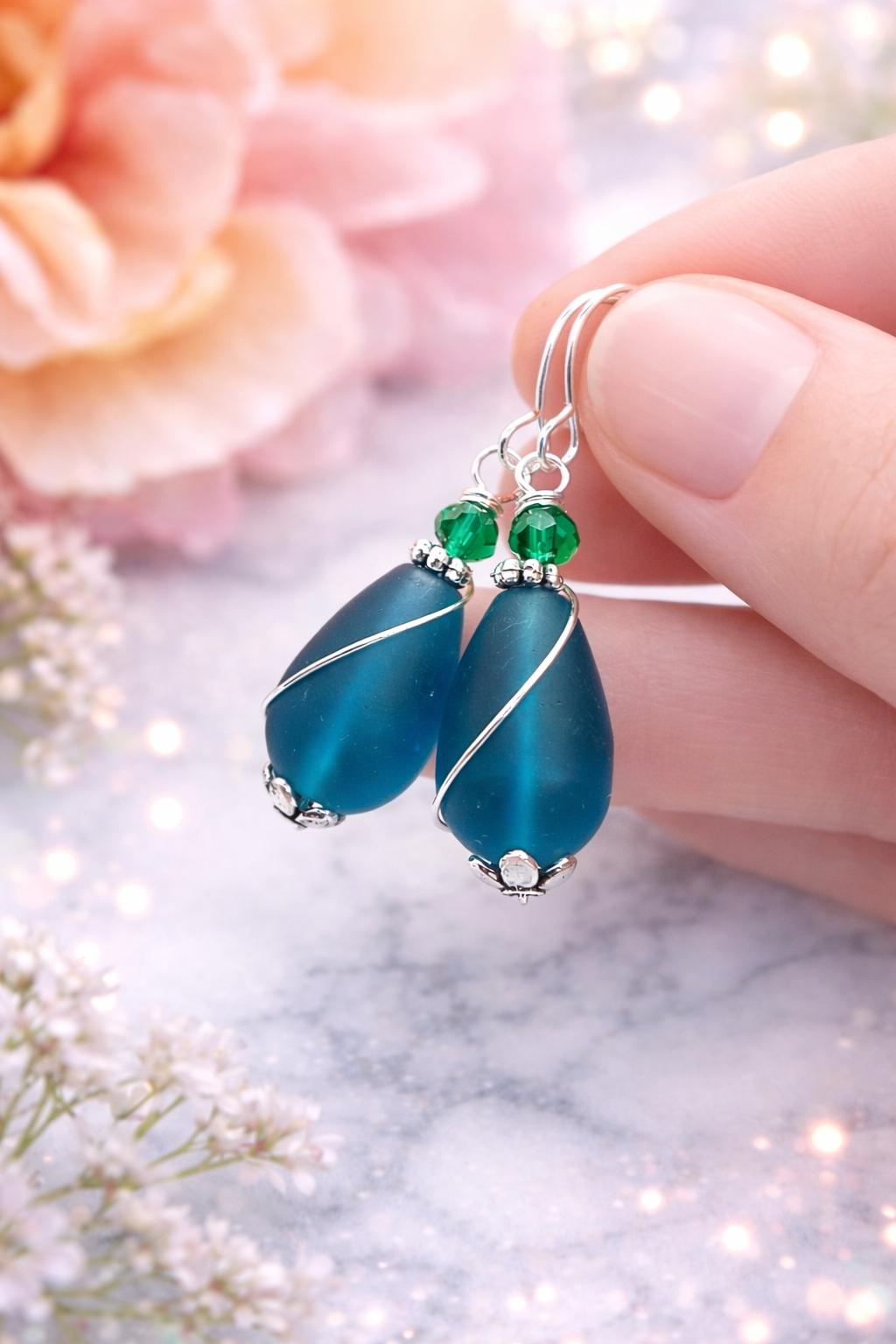 Teal Jewelry Set | Frosted Teardrop Necklace & Earrings