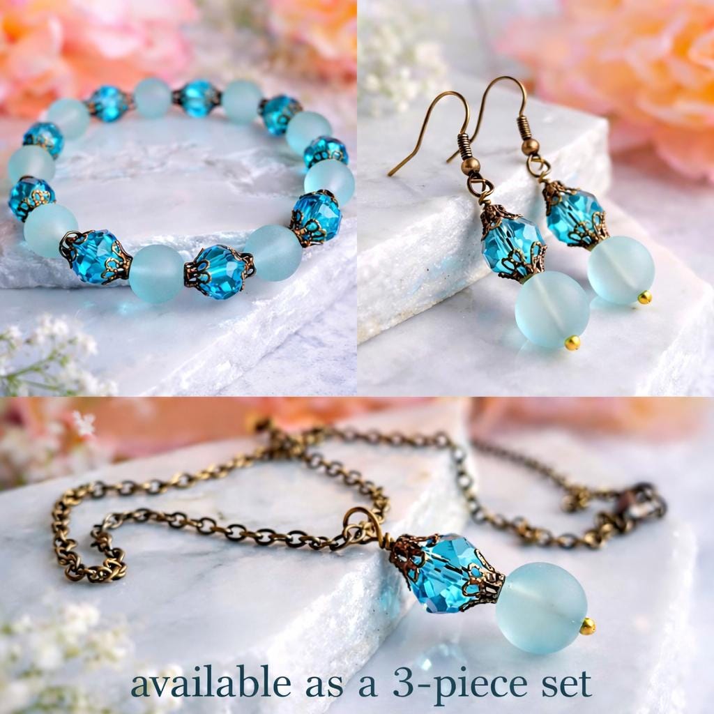 Aqua Frosted Glass Jewelry Set | Crystal Accents, Beach Wedding