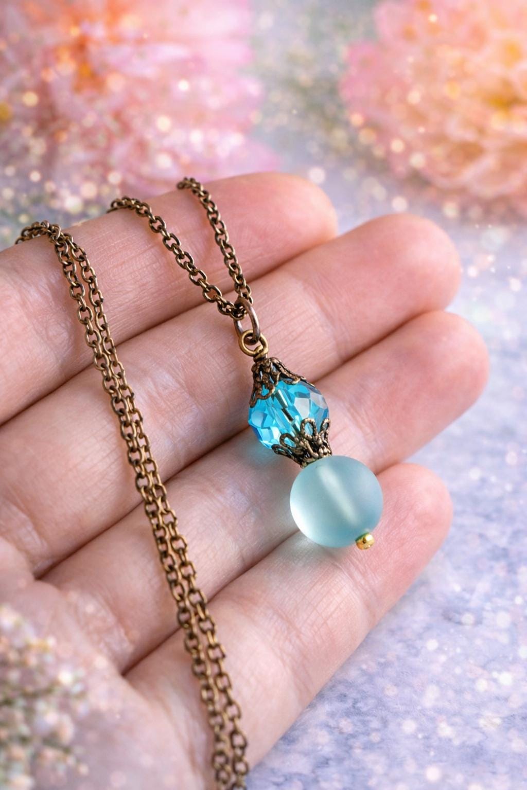 Aqua Frosted Glass Jewelry Set | Crystal Accents, Beach Wedding