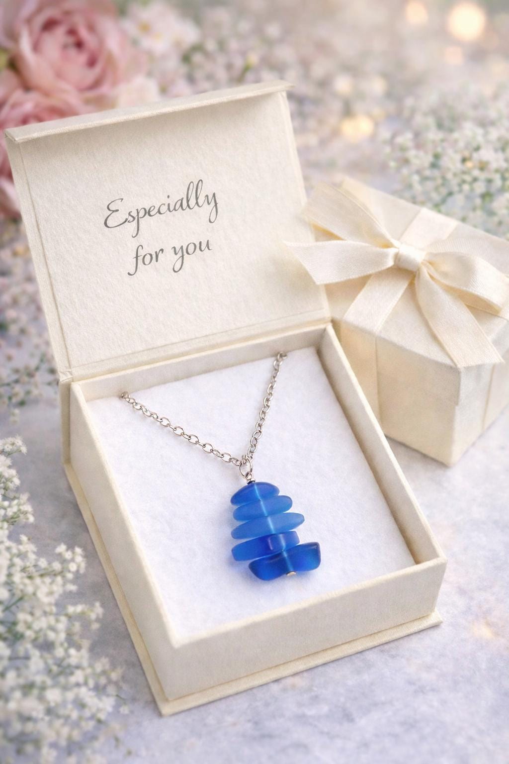 Handmade Stacked Blue Sea Glass Necklace | Coastal Jewelry