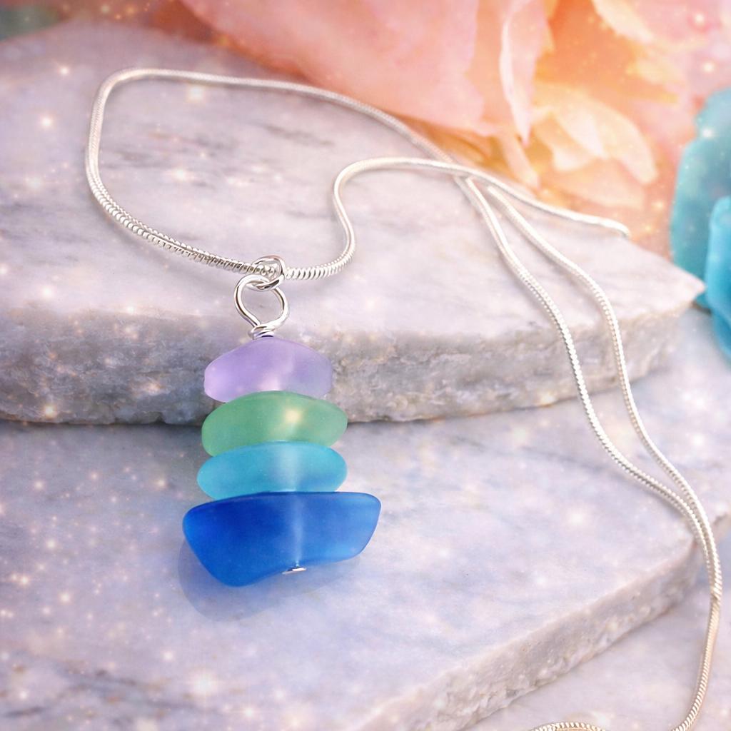 Handmade Stacked Sea Glass Necklace, Coastal Jewelry