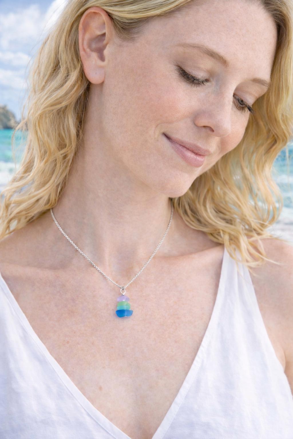 Handmade Stacked Sea Glass Necklace, Coastal Jewelry