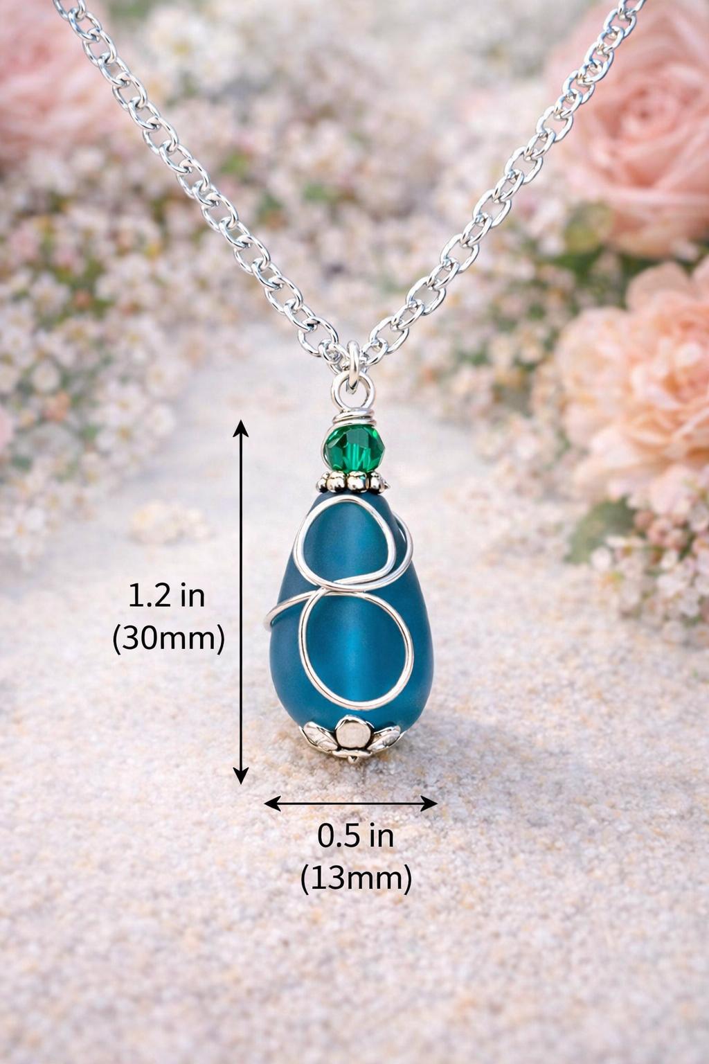 Teal Sea Glass Necklace | Silver Wire Wrapped Pendant