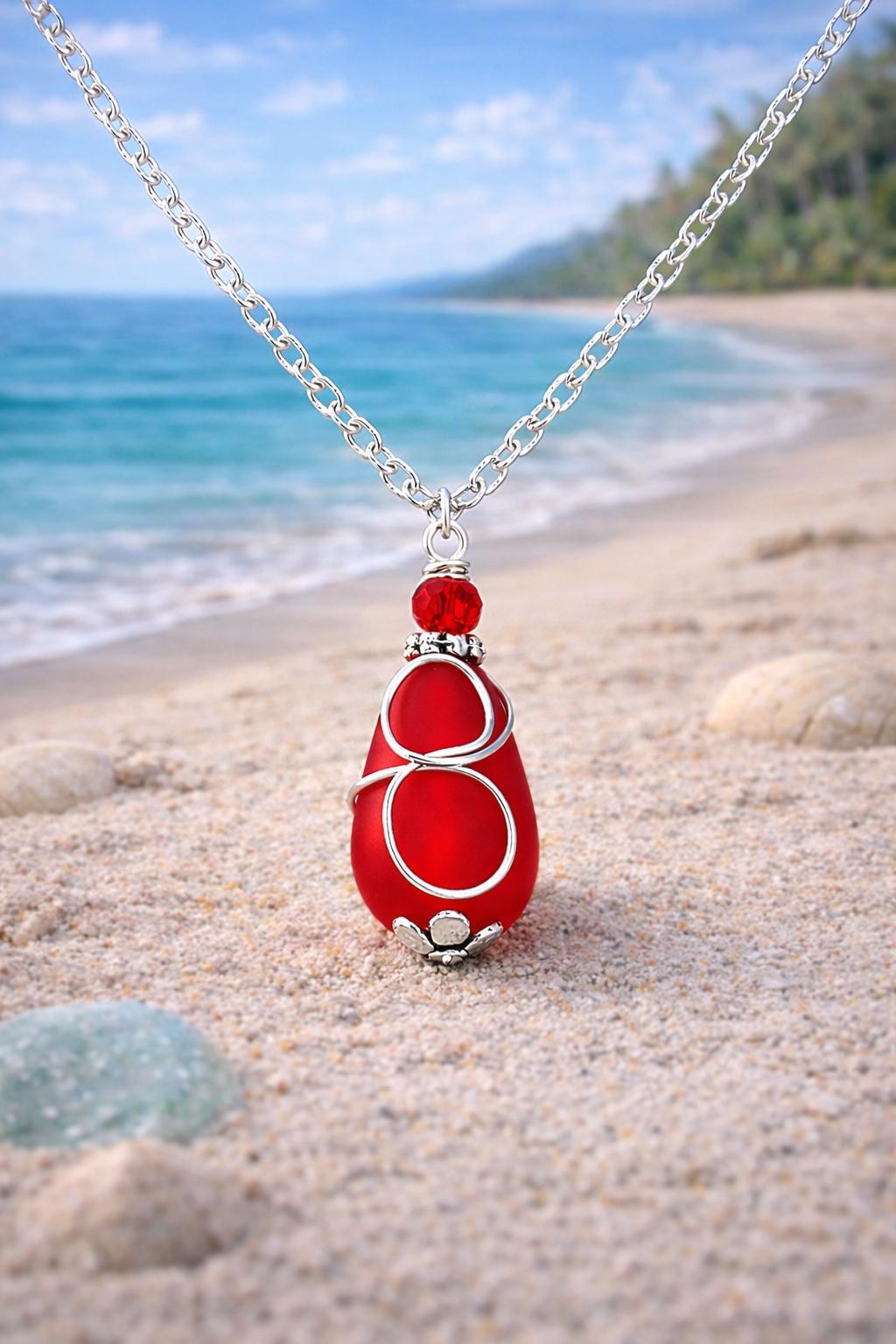Red Sea Glass Necklace | Handcrafted Silver Wire Wrapped Pendant