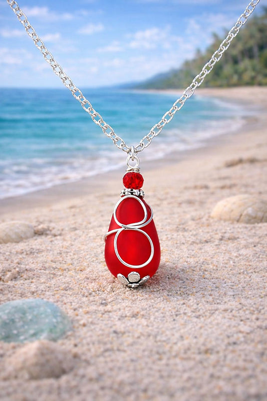Red Sea Glass Necklace | Handcrafted Silver Wire Wrapped Pendant