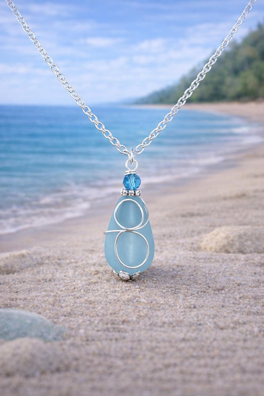 Aqua Sea Glass Necklace – Minimalist Boho Pendant, Custom Length