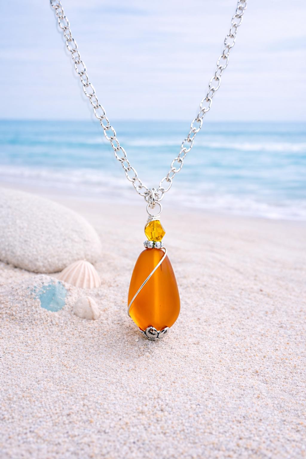 Amber Orange Frosted Glass Necklace | Wire Wrapped Teardrop Pendant | Minimalist Coastal Jewelry | Handmade Everyday Necklace
