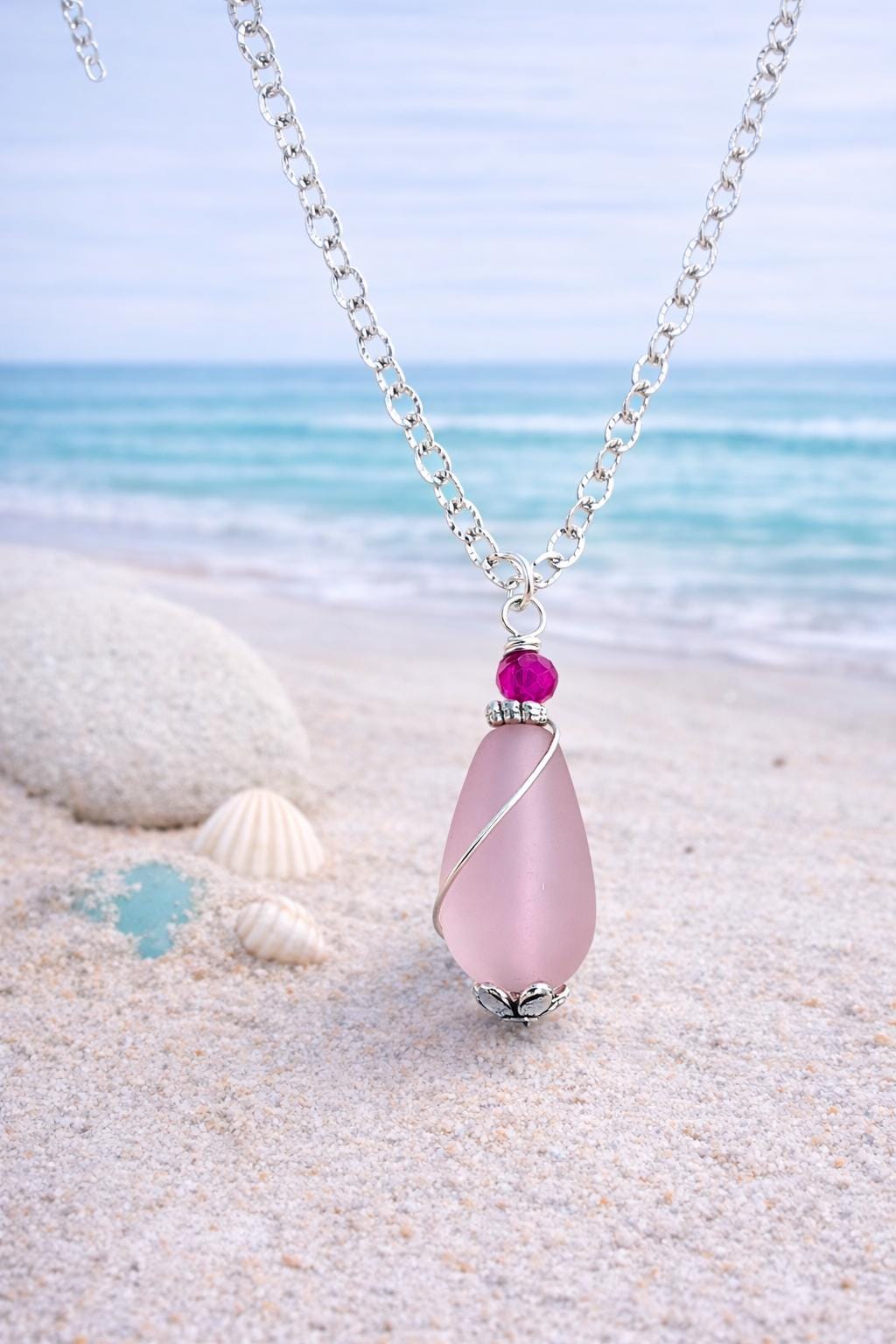 Pink Frosted Glass Teardrop Necklace | Wire Wrapped Coastal Pendant