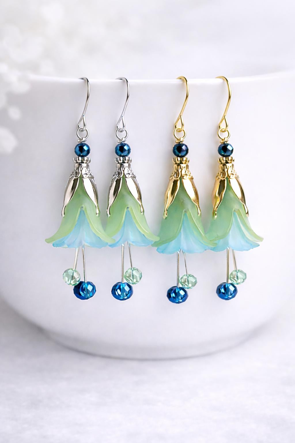 Handmade Blue Floral Dangle Earrings, Silver or Gold Finish