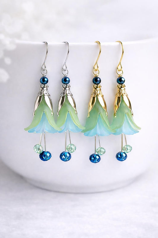 Handmade Blue Floral Dangle Earrings, Silver or Gold Finish