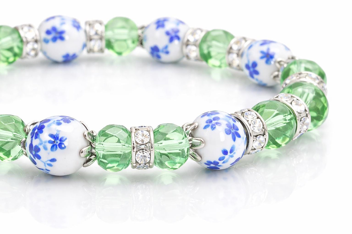 Floral Porcelain Bead Bracelet, Green Faceted Beads, Rhinestone Spacers