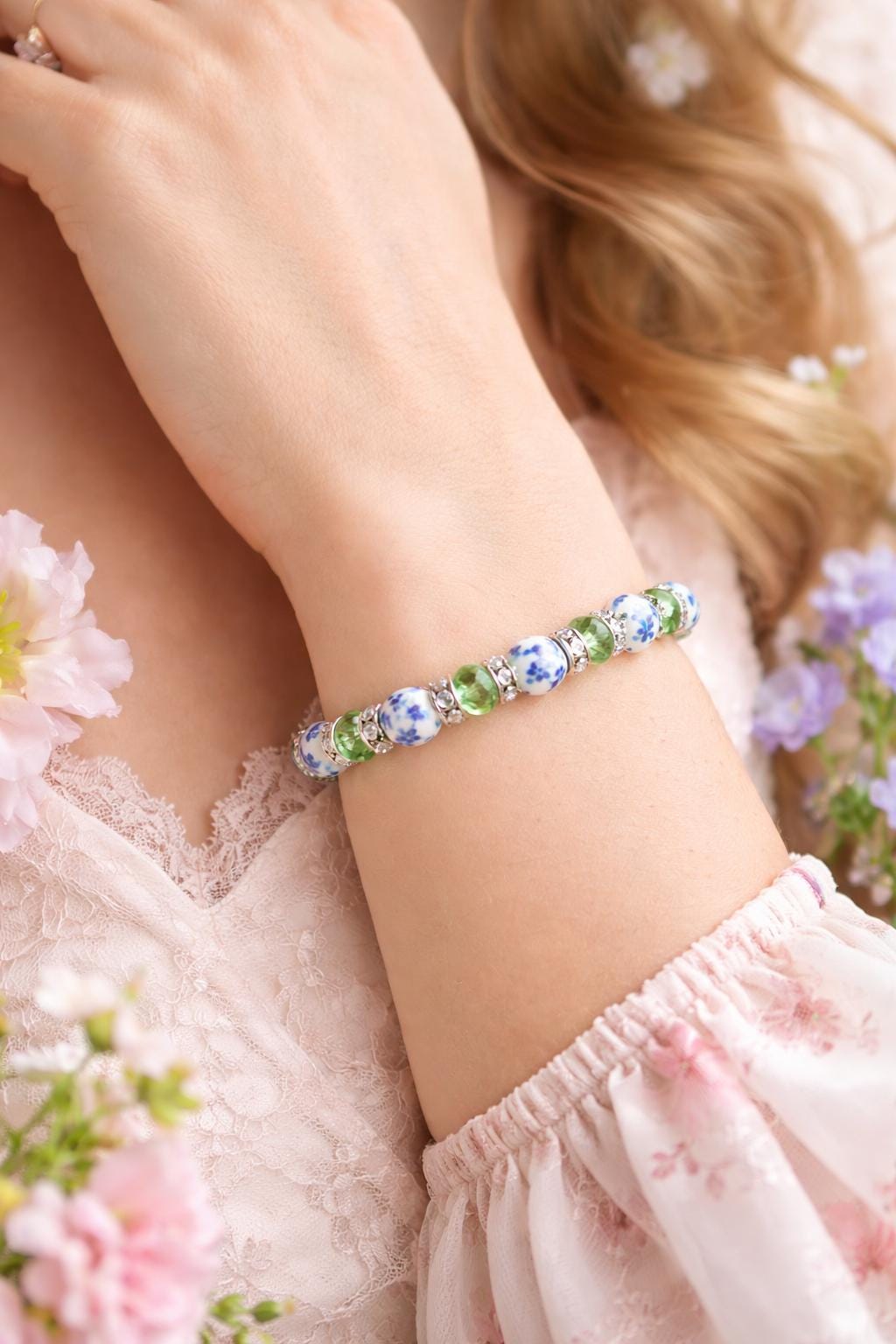 Floral Porcelain Bead Bracelet, Green Faceted Beads, Rhinestone Spacers