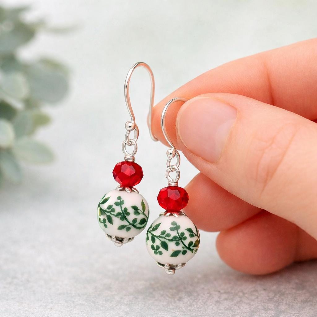 Handmade Christmas Earrings | Red Crystal Floral Dangle