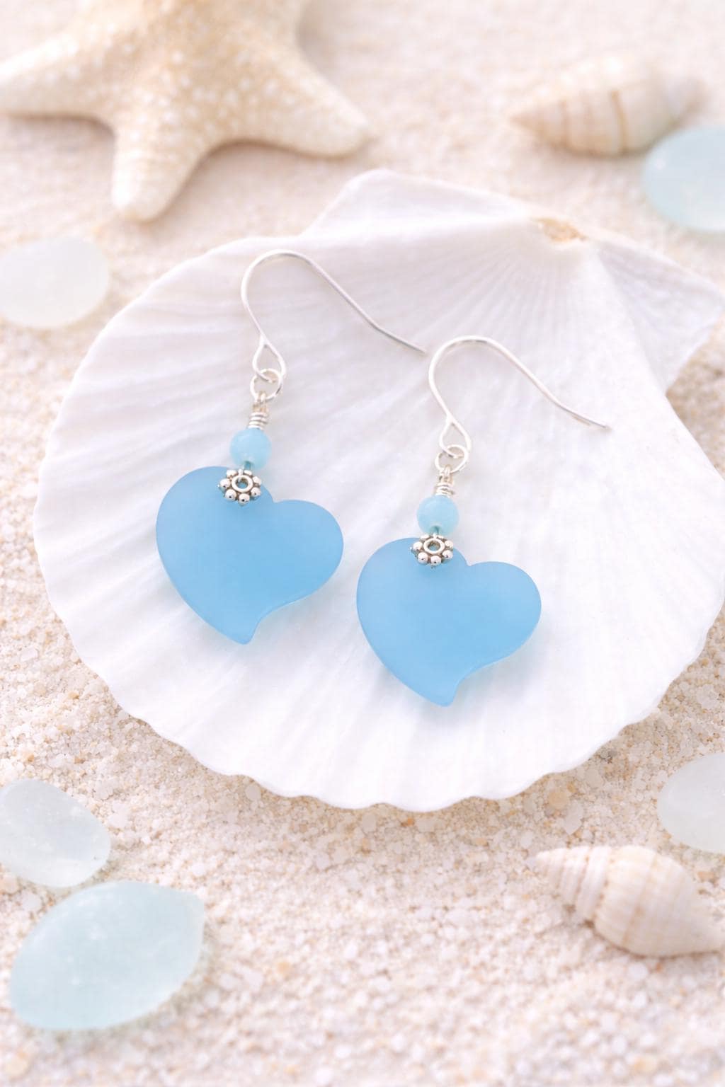 Sea Glass Heart Dangle Earrings | Sterling Silver, Beachy Coastal Jewelry