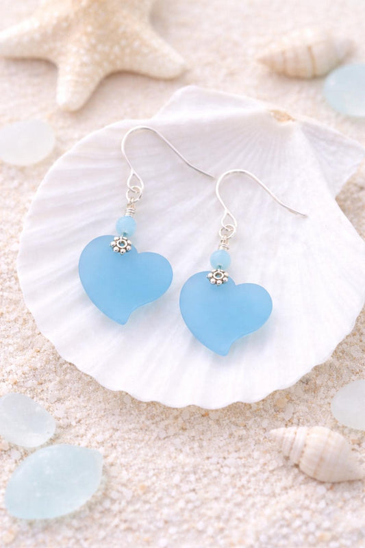 Sea Glass Heart Dangle Earrings | Sterling Silver, Beachy Coastal Jewelry