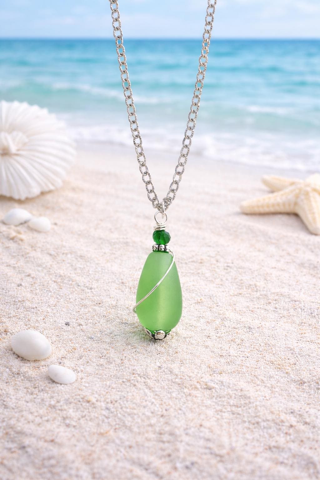 Green Sea Glass Necklace • Wire Wrapped Boho Coastal Pendant