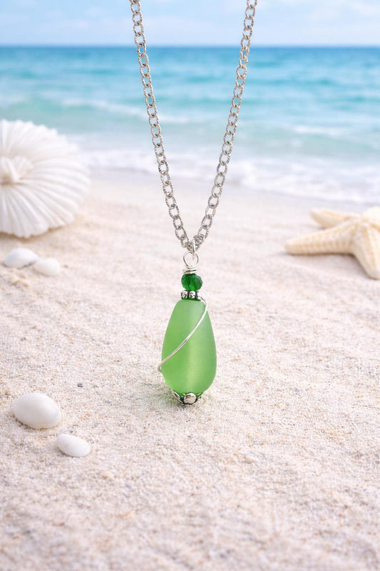 Green Sea Glass Necklace • Wire Wrapped Boho Coastal Pendant