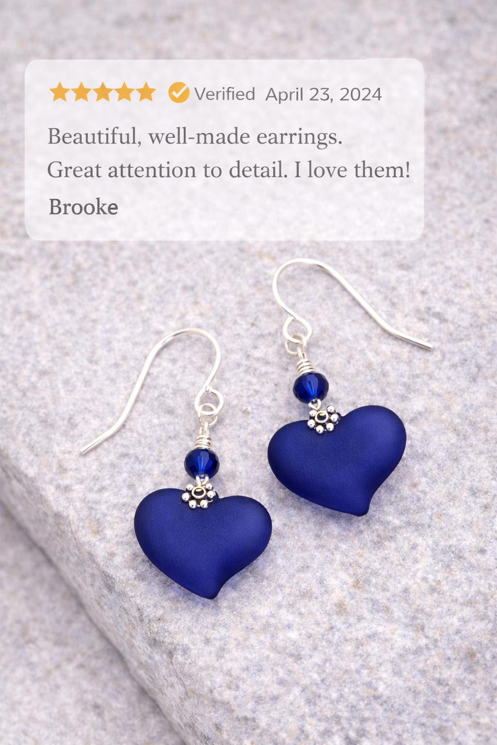 Cobalt Blue Heart Earrings for Women – Handmade Romantic Drop Earrings, Minimalist Love Jewelry, Gift for Girlfriend or Wife