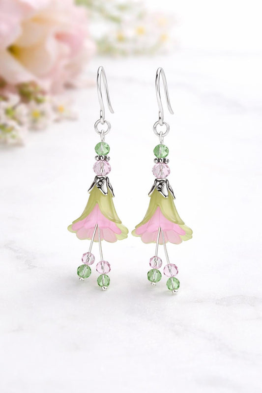 Pink Green Flower Earrings – Soft Pastel Floral Dangle Earrings, Spring Garden Jewelry, Lightweight Handmade Drop Earrings