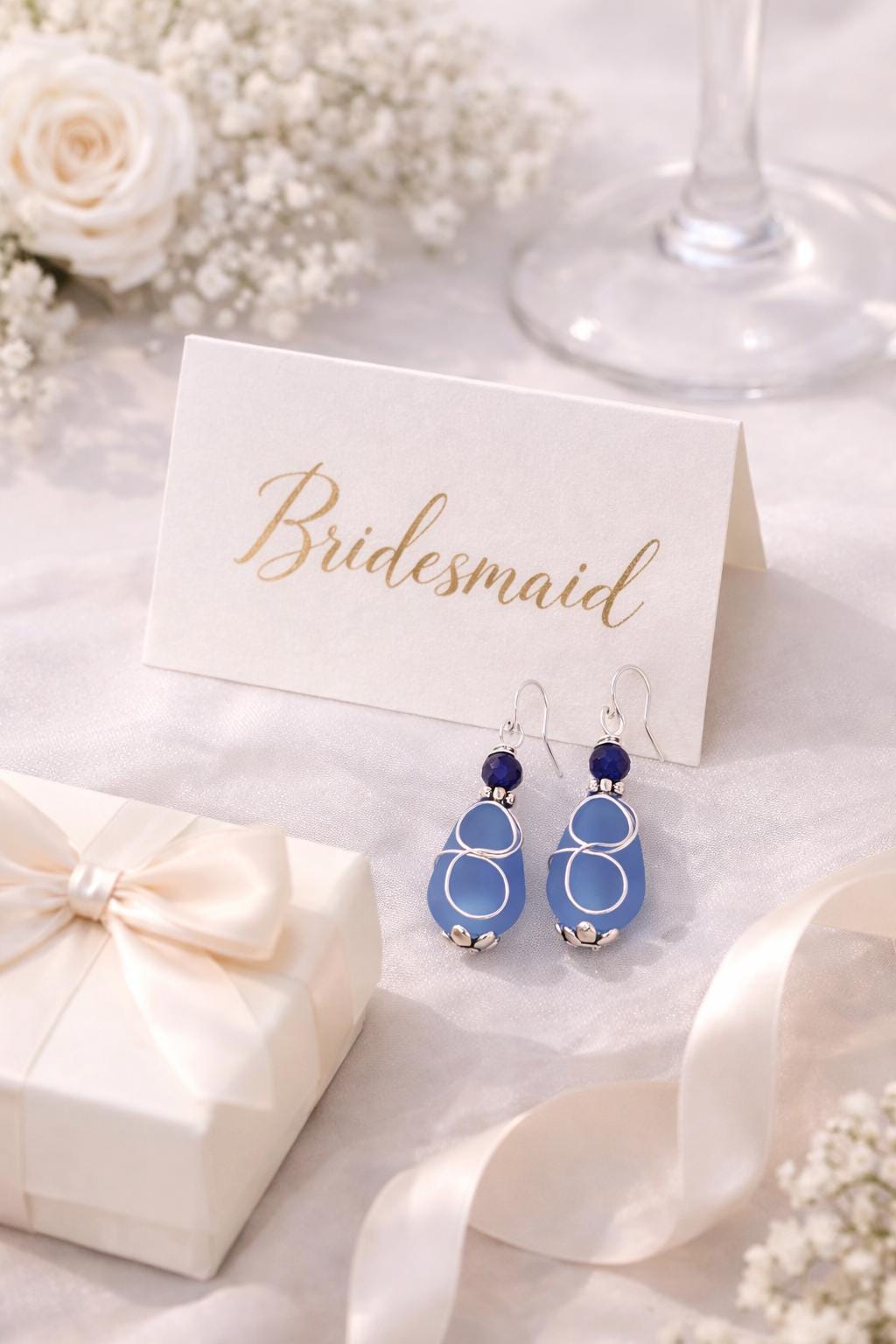Blue Sea Glass Bridesmaid Earrings Sterling Silver – Beach Wedding Jewelry Gifts