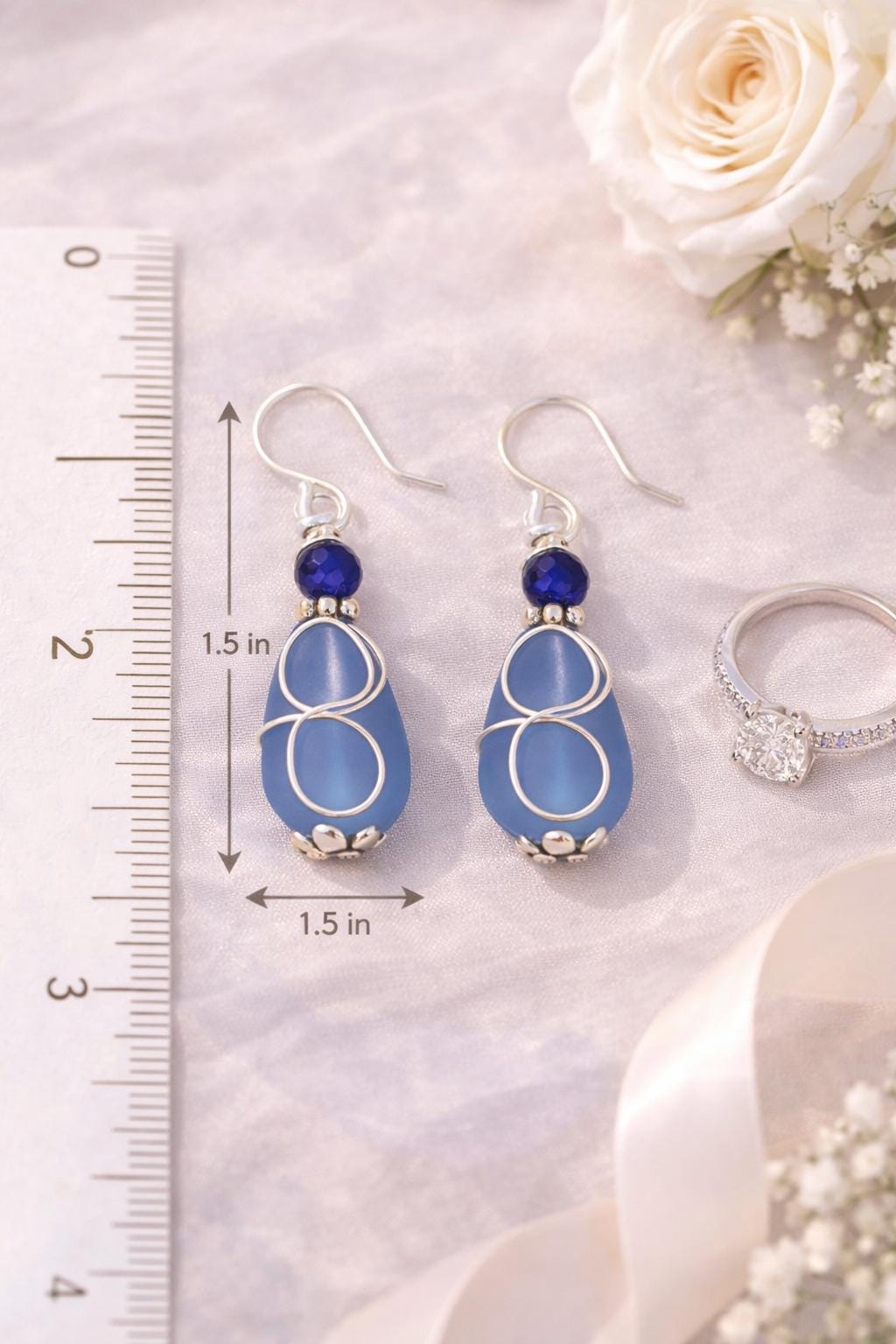 Blue Sea Glass Bridesmaid Earrings Sterling Silver – Beach Wedding Jewelry Gifts