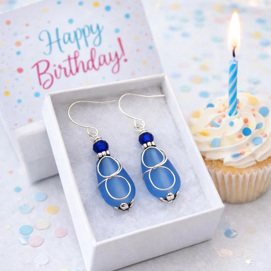 Birthday Gift For Her, Blue Sea Glass Sterling Silver Dangles, Ocean Inspired Jewelry