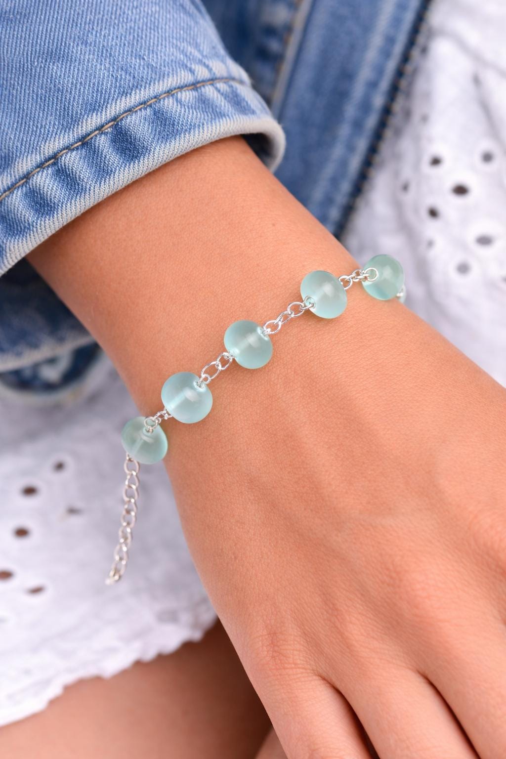 Sea Glass Beaded Chain Bracelet • Coastal Blue Jewelry • Lightweight Everyday Wear