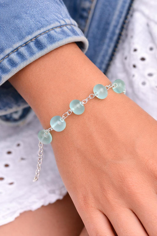 Sea Glass Beaded Chain Bracelet • Coastal Blue Jewelry • Lightweight Everyday Wear