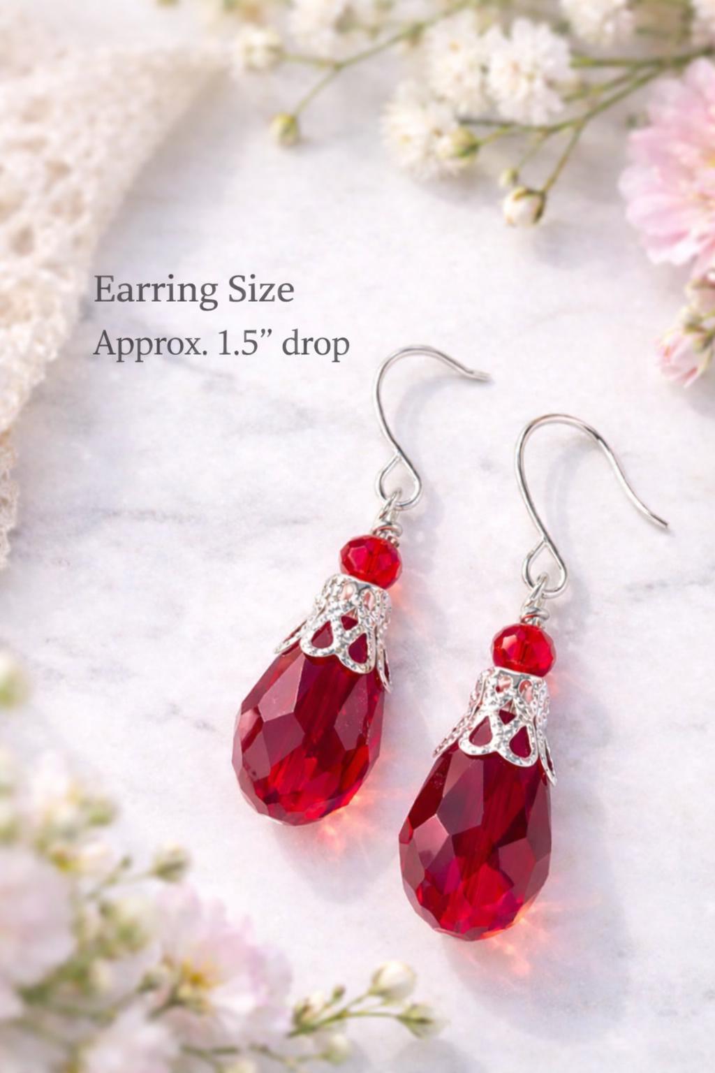 Red Crystal Jewelry Set Gift for Her | Matching Necklace Earrings Bracelet | Elegant 3 Piece Set | Valentine’s Gift - Bad Apple Designs